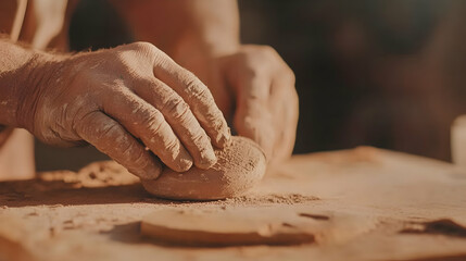 Hands shaping clay outdoors, sunlight background, pottery craft