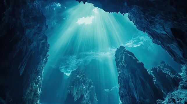 Underwater cave sunlight beams, ocean exploration, serene blue depths