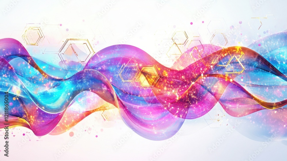 Poster vivid dynamic visual of intertwining waves in cyan and pink colors