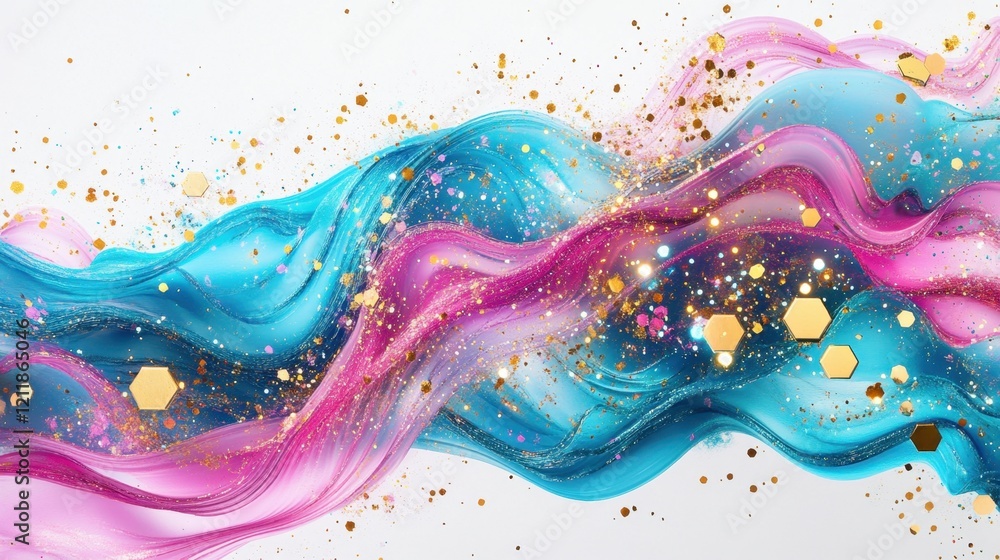 Poster vivid dynamic visual of intertwining waves in cyan and pink with glitter