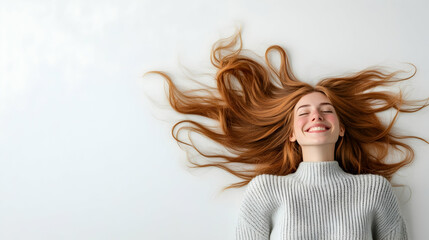 Happy redhead woman lying on floor, long hair spread, white background, carefree