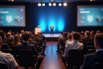 Rear View of People in the Audience at a Conference Hall, Speaker Giving a Talk at a Business Event, Professional Networking and Corporate Learning Generative AI