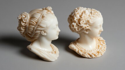 Two marble busts with lifelike expressions showcase exquisite craftsmanship, reflecting classic artistry and elegance.