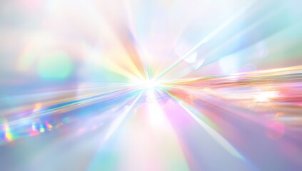 White background with a rainbow prism effect, creating a dreamy and ethereal atmosphere.