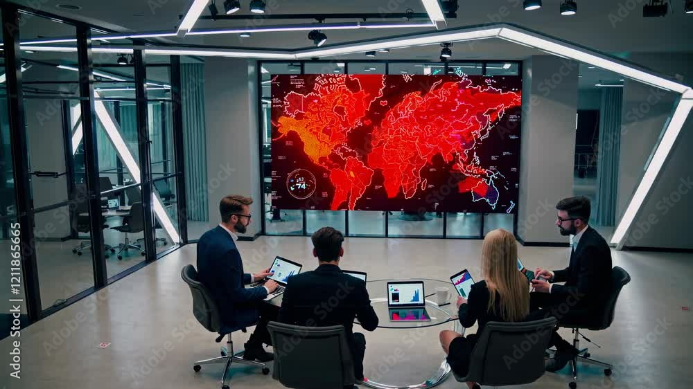 Aufkleber business professionals collaborating in a modern office with a large world map display