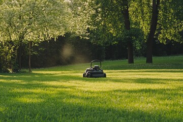 Serene spring garden scene with a lawn mower amidst blooming trees for landscaping design.