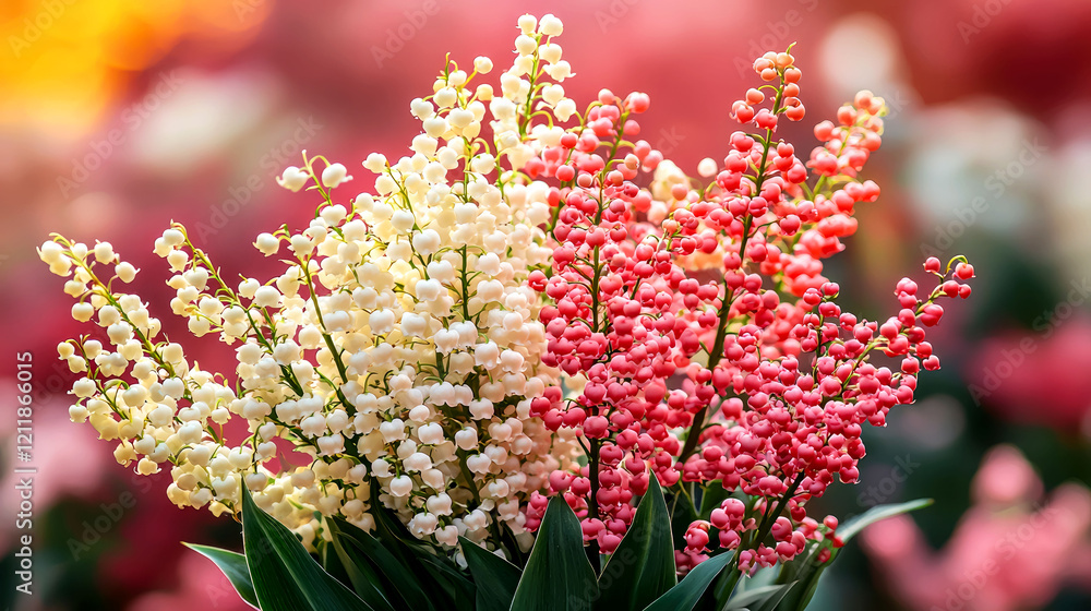 Sticker Stunning Close-up of Delicate White and Pink Lilies of the Valley Blossoms in Full Bloom