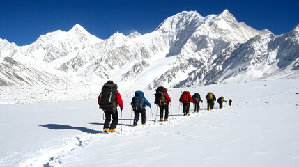 Hikers ascend snowy mountain pass, majestic peaks backdrop, adventure travel