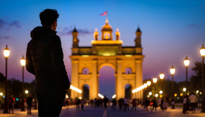 Obraz premium Individual admiring historical landmark at twilight, serene atmosphere