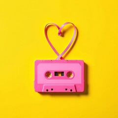 Pink cassette tape with heart-shaped ribbon on yellow background