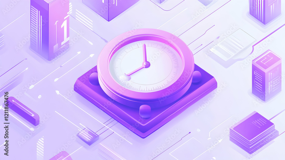 Aufkleber isometric clock on circuit board, data center background, illustrating time management in tech