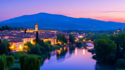 Italian town twilight river bridge mountain sunset landscape travel postcard