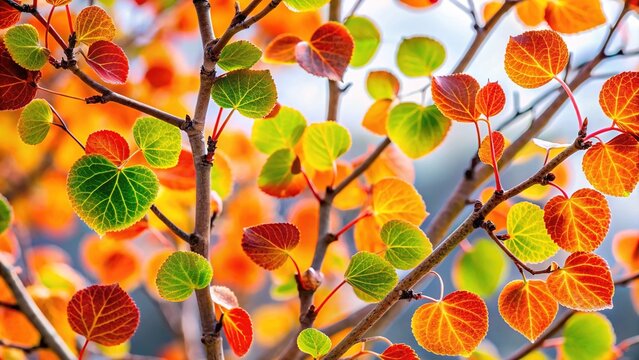 Delicate aspen twigs, buds, and emerging leaves against a pristine white backdrop.