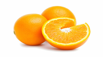 Juicy oranges, halved and whole, isolated on white background; perfect for food blogs or recipe websites