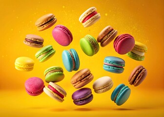 Obraz premium Delicious Macarons Flying on Yellow Background