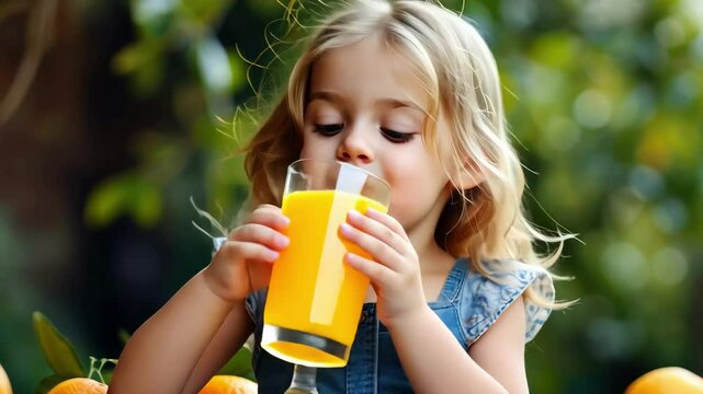 Girl drinking orange juice outdoors, surrounded by oranges, bright sunlight highlights cheerful and vibrant atmosphere