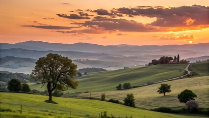 "Serene Sunset Over Rolling Hills and Reflective River in a Picturesque Countryside"