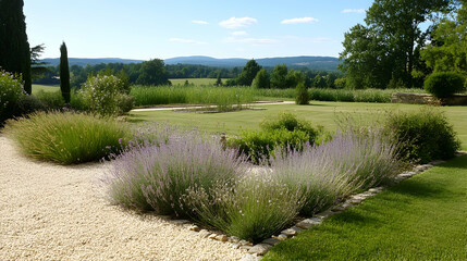 Obraz premium Lavender garden view, idyllic countryside landscape, rolling hills background. Perfect for travel brochures or real estate