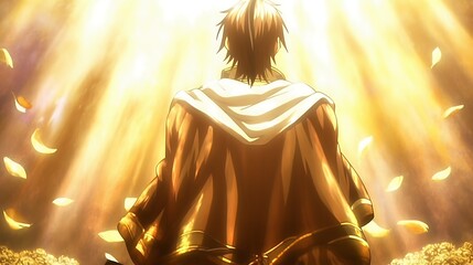 Man in robe, back view, backlit by golden light, petals falling.