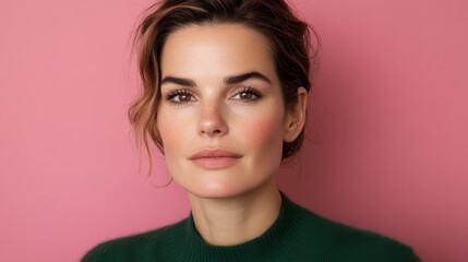 Fototapeta premium Bright-eyed woman with soft curls and a warm smile, wearing a green sweater against a pink backdrop.