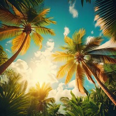 View of the sky while lying under thick palm trees through which a ray of sun breaks through. Summer background with tropical palm trees, view from below. Hot summer day on a tropical island