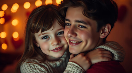 Warm portrait, young couple embracing, soft lighting, bokeh background, orange glow, intimate moment, close-up, tender expression, cozy atmosphere, holiday lights, romantic mood, gentle smile, affecti