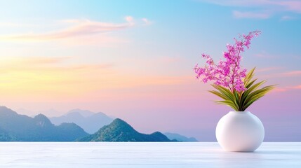 Peaceful orchid sunset mountain view; serene nature scene for wellness promotion