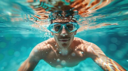 Naklejka premium Underwater portrait of a young man swimming underwater in a pool.