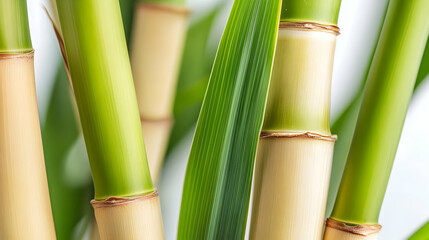 Obraz premium Lush green bamboo stalks and leaves close-up, bright background, nature serenity, perfect for wellness or spa marketing