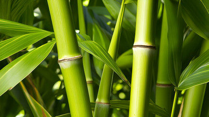 Obraz premium Lush green bamboo stalks and leaves in a tropical garden, sunlight dappled; nature background for serenity, relaxation, or eco themes