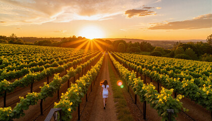 Graceful stroll through vineyard at sunset, embracing tranquility