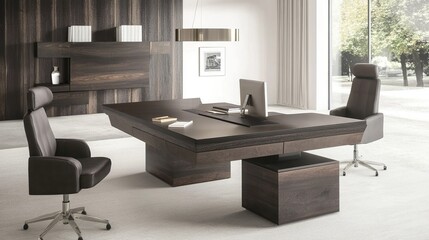 Fototapeta premium Modern spacious office with large dark wood desk, two executive chairs, and built-in storage.