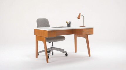 Modern wooden desk with chair, lamp, and stationery.
