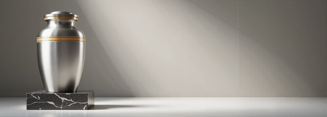 Silver urn on marble pedestal against plain background