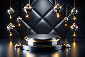 Glossy Black Podium with Diamonds for Jewelry Display