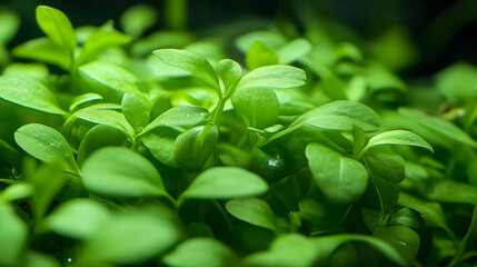 Obraz premium Lush green sprouts growing in a dark environment; ideal for agriculture, botany, or environmental themes