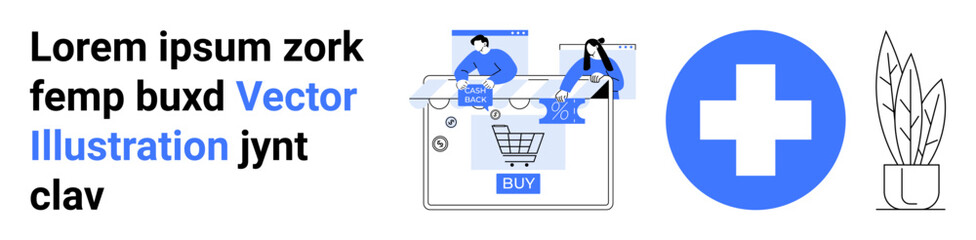 Obraz premium Business team interacting with online shopping platform, plant on the side, healthcare cross. Ideal for e-commerce, teamwork, online services, shopping, health, collaboration digital marketing
