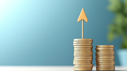 A stack of coins with an upward arrow symbolizes financial growth and investment success against a soft blue background.