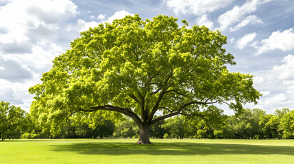 Obraz premium Lush green tree in sunny park meadow. Peaceful nature scene, ideal for environmental or nature documentaries