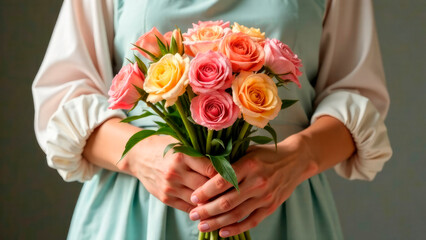 Gorgeous bouquet of roses in woman's hands in flowers shop.