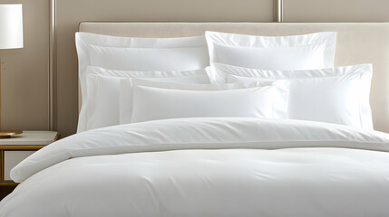 Luxurious white bedding set on a bed in a modern bedroom.  Perfect for hotel brochures or home decor websites