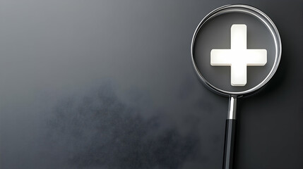 Magnifying glass with illuminated plus symbol on dark background; healthcare, medicine, or research concept