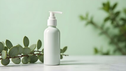 Mockup of White Cosmetic Bottle with Eucalyptus Twig, natural cosmetics, skincare, beauty product, minimal design