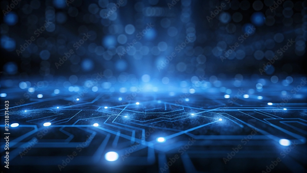 Fototapete Digital technology cyberspace futuristic background, modern blue tech abstract design graphic neon light effect, innovation virtual data network matrix glow digital concept backdrop