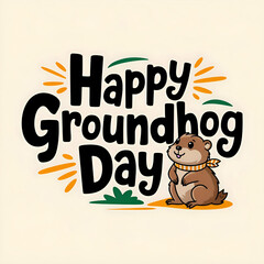 Happy Groundhog Day text in bold, playful font with a cartoon groundhog wearing a scarf sitting beside it. The background features simple decorative elements in green and orange 