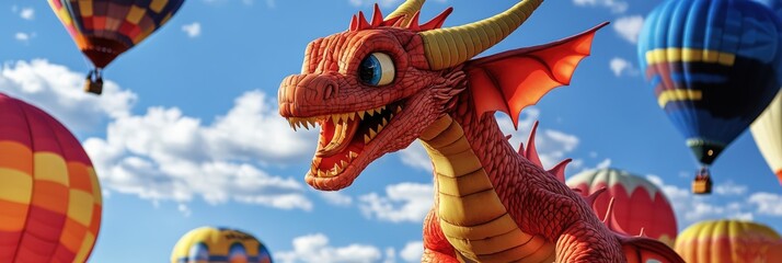 A friendly dragon flying alongside hot air balloons during a festival