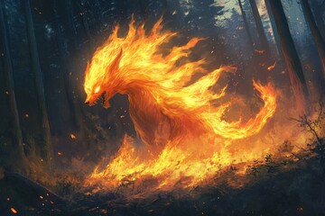 Fototapeta premium A fire elemental raging in a burning forest, leaving a trail of destruction