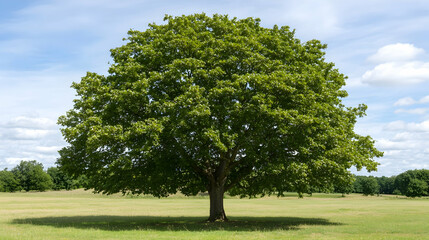 Fototapeta premium Majestic oak tree in a sunny field, blue sky, fluffy clouds, peaceful landscape, ideal for nature, environment, or serenity themes