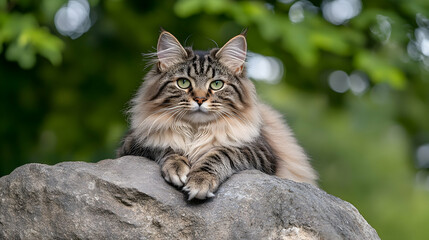 Majestic Norwegian Forest Cat perched on rock, green foliage background; ideal for pet, animal, or nature websites