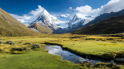 Majestic snow-capped Andes mountains reflecting in a tranquil stream, valley landscape, travel destination